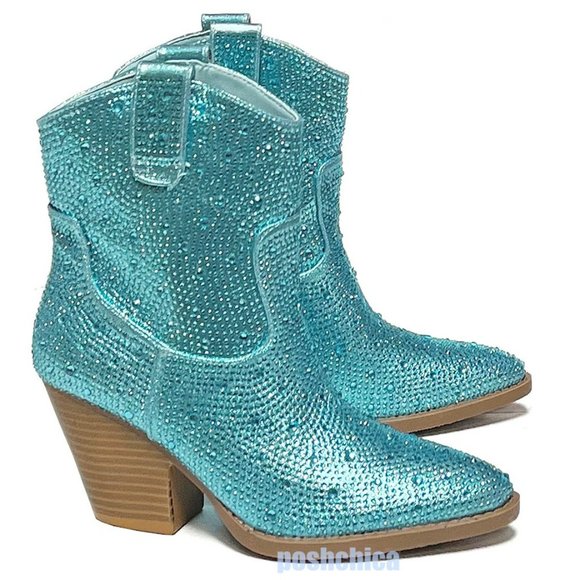 Shoes - New Light Blue Rhinestone Blingy Western Cowboy Ankle Boots Booties